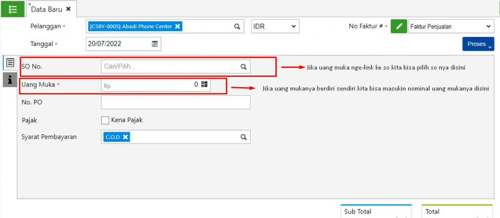 Cara input uang muka penjualan AOL